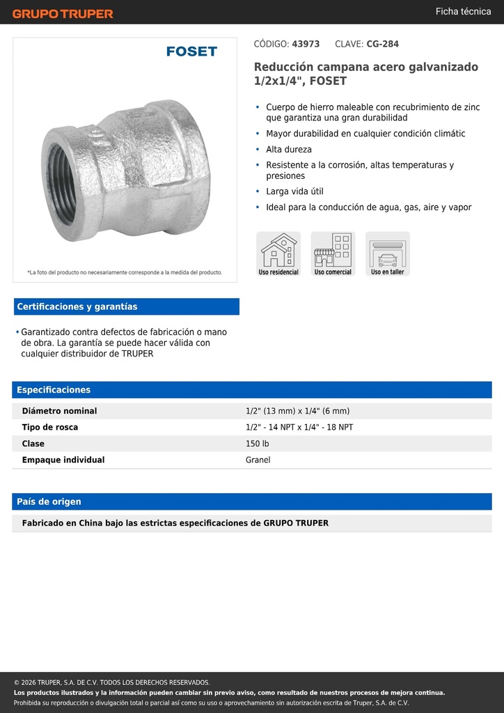 Reducción campana acero galvanizado 1/2x1/4', FOSET