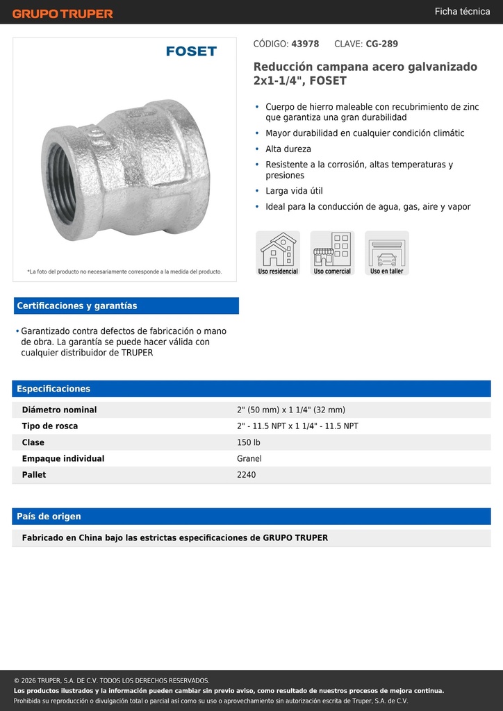 Reducción campana acero galvanizado 2x1-1/4', FOSET