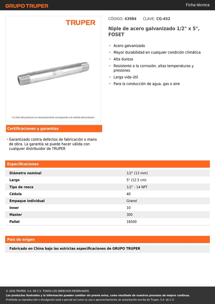 Niple de acero galvanizado 1/2' x 5', FOSET