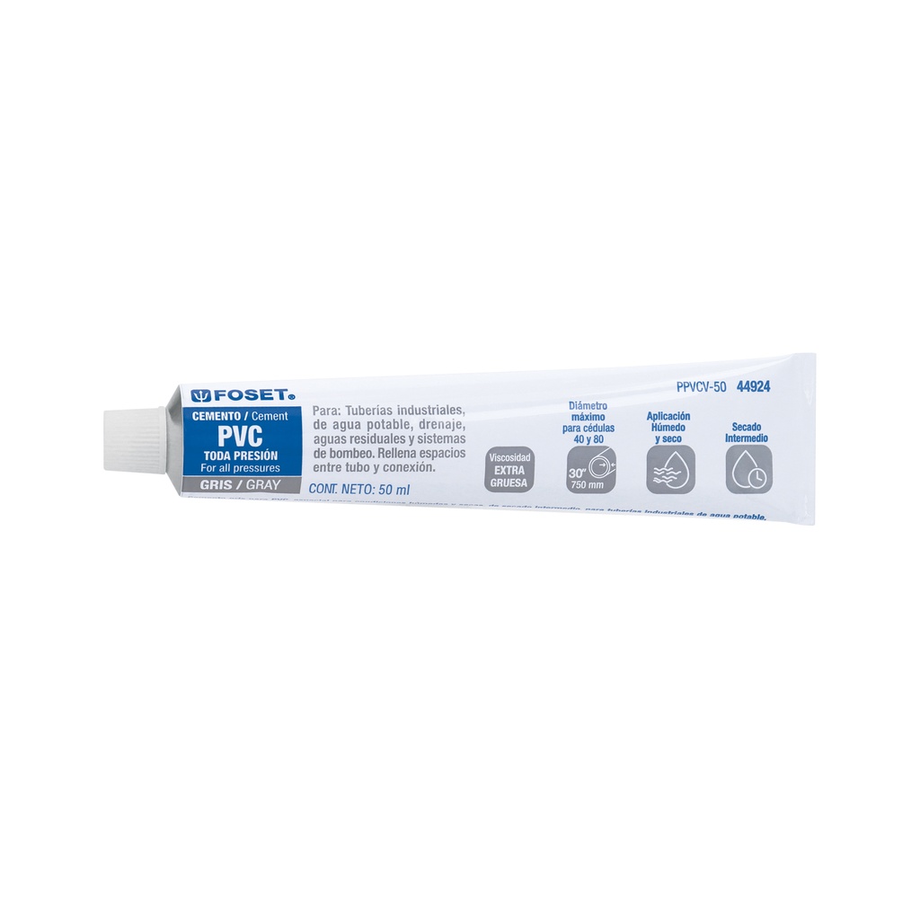 Cemento para PVC, gris, máxima viscosidad, tubo 50ml, FOSET
