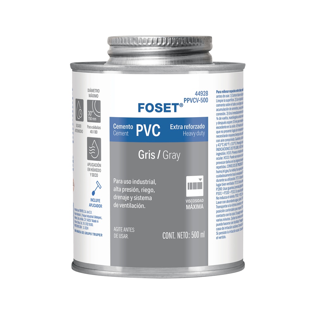 Cemento para PVC, gris, máxima viscosidad, lata 500ml, FOSET