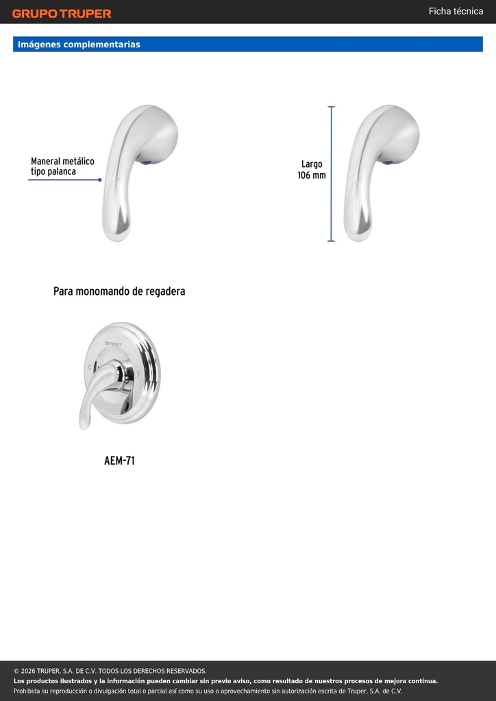 Maneral palanca para monomando regadera AEM-71, cromo, AERO