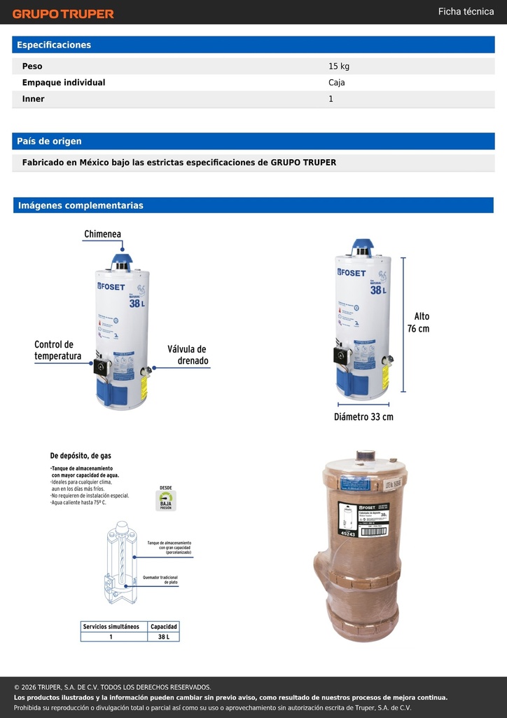Calentador de depósito, 38L, 1 servicio, gas natural, FOSET
