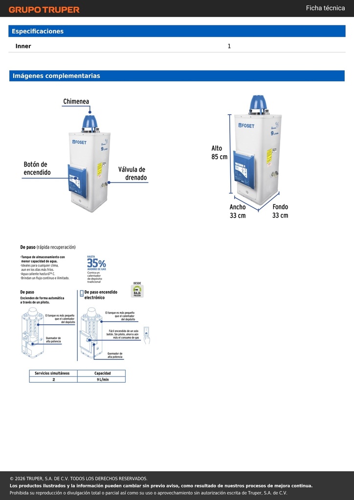 Calentador de paso, electrónico, 9L, 2 serv, gas nat, FOSET
