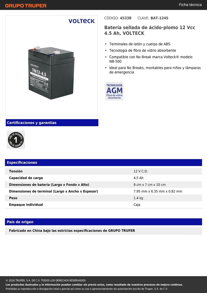 Batería sellada de ácido-plomo 12 Vcc 4.5 Ah, VOLTECK