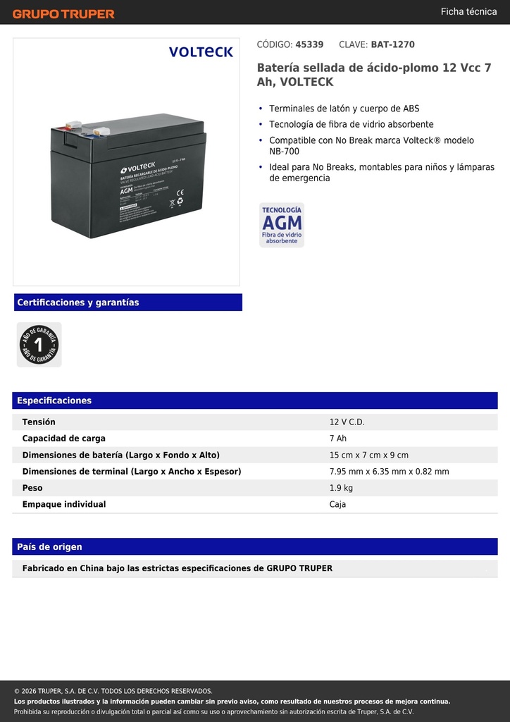 Batería sellada de ácido-plomo 12 Vcc 7 Ah, VOLTECK