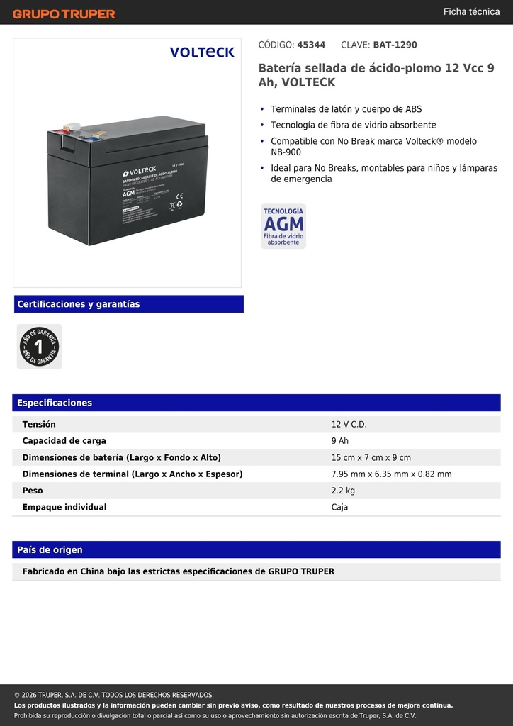 Batería sellada de ácido-plomo 12 Vcc 9 Ah, VOLTECK