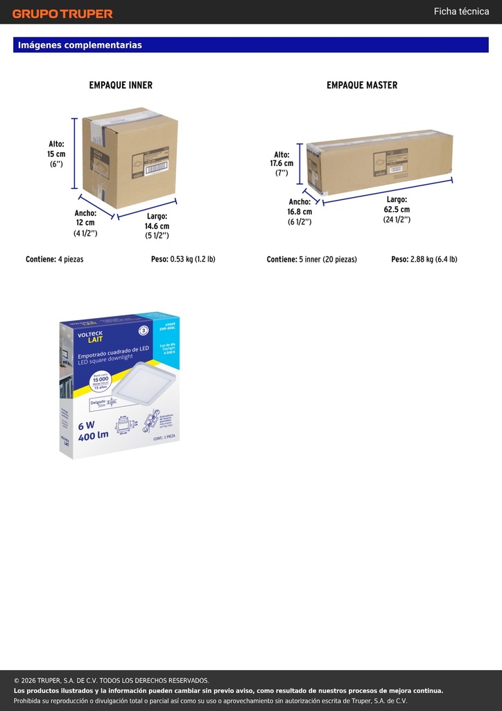 Luminario LED plafón 6W 6500K, ajustable, cuadrado, VOLTECK