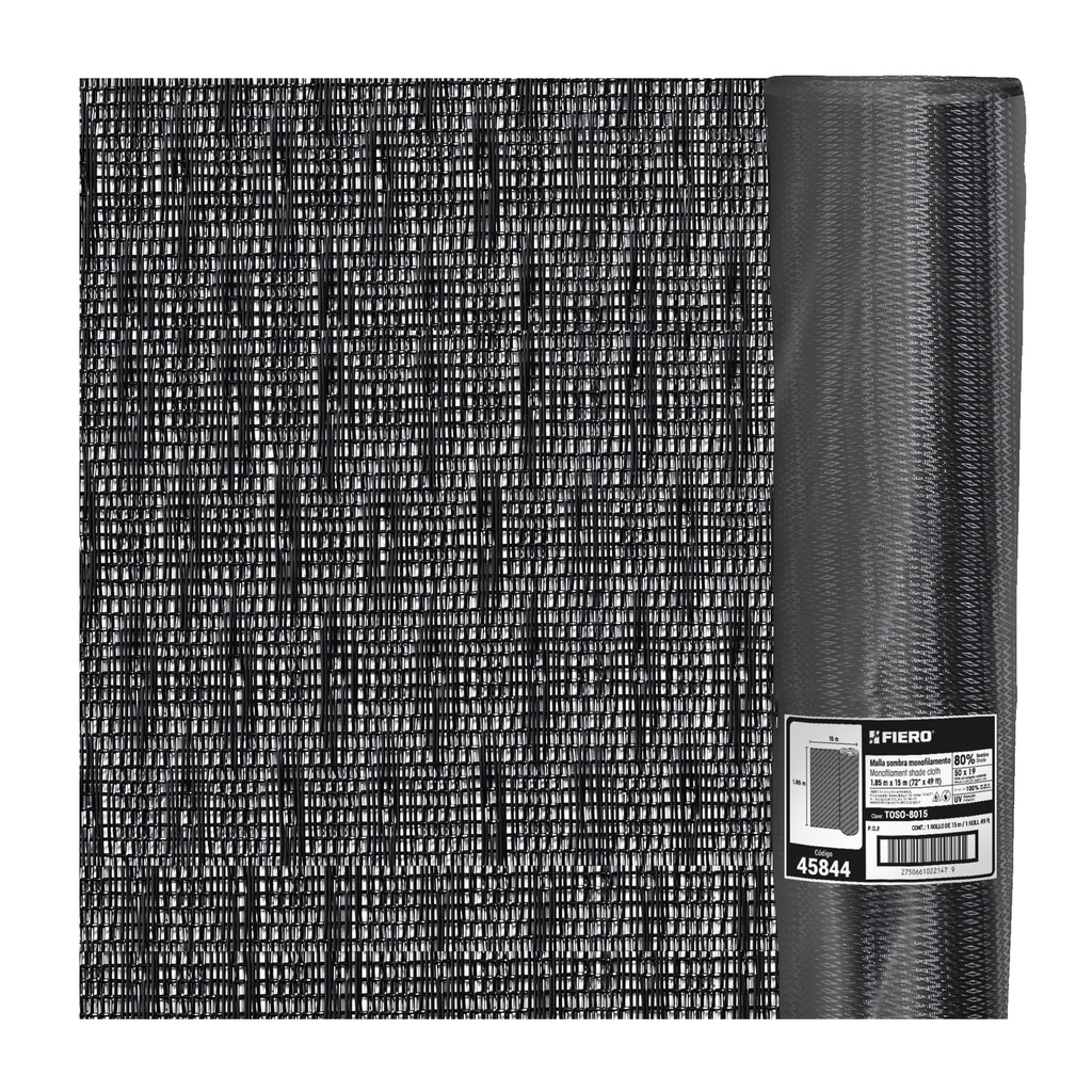 Rollo de malla sombra 80%, monofilamento negro, 1.85m x 15m