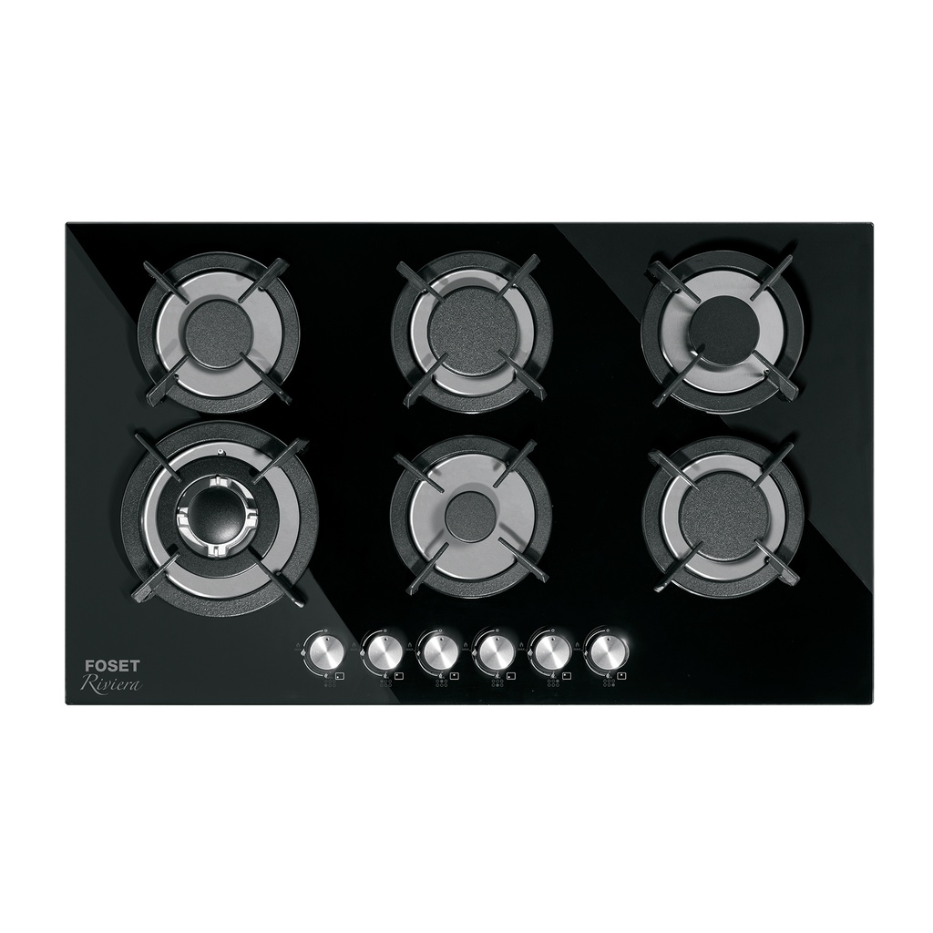 Parrilla gas empotrable 90cm, 6 quem, vidrio negro, RIVIERA