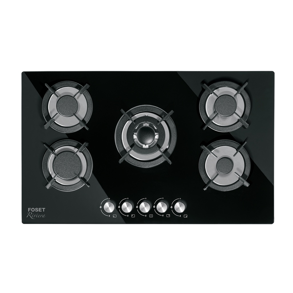 Parrilla gas empotrable 90cm, 5 quem, vidrio negro, RIVIERA