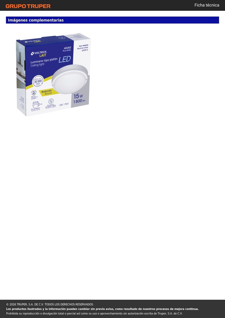 Luminario LED plafón para baño 15W 4000K, redondo, VOLTECK