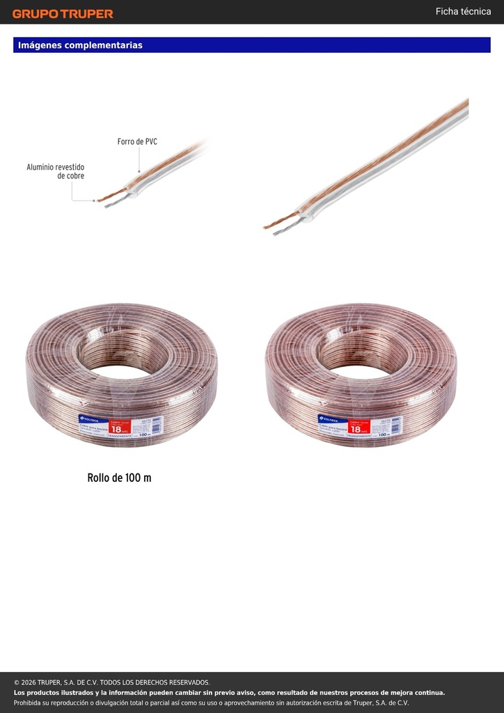 Rollo de 100 m cable polarizado transparente p/bocina 18 AWG