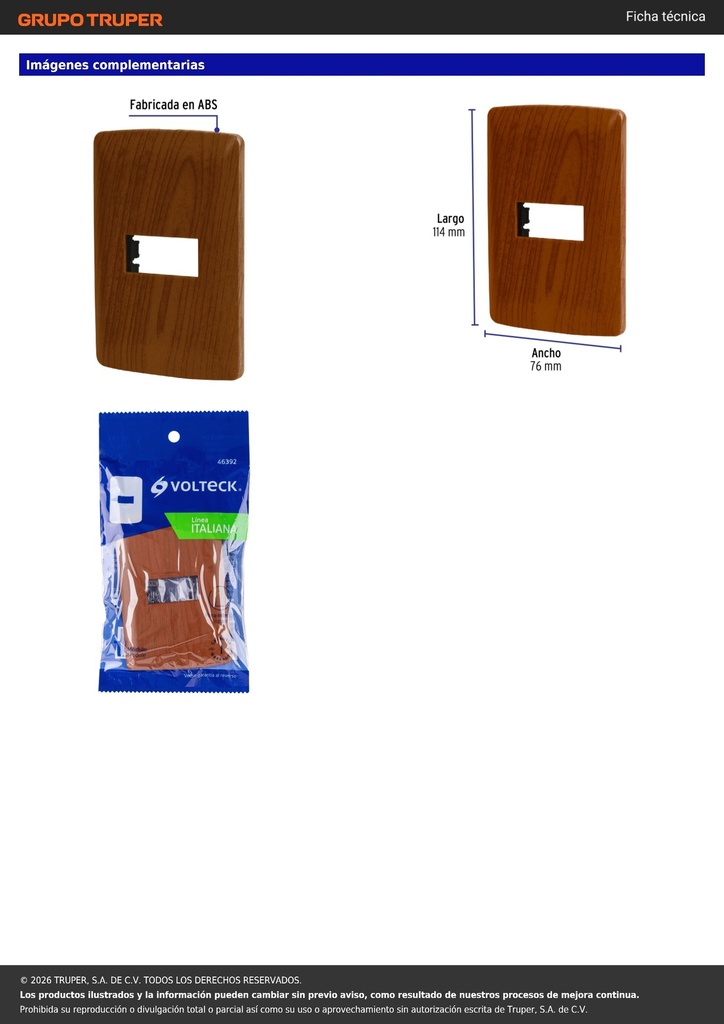 Placa 1 módulo de ABS, línea Italiana, acabado madera