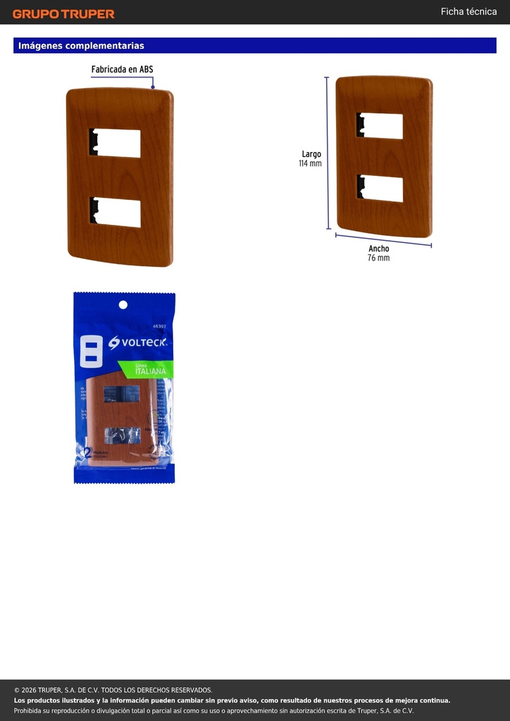 Placa 2 módulos de ABS, línea Italiana, acabado madera