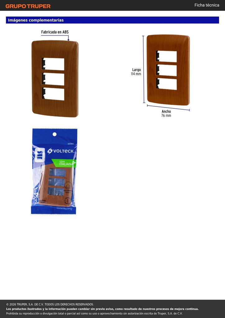 Placa 3 módulos de ABS, línea Italiana, acabado madera