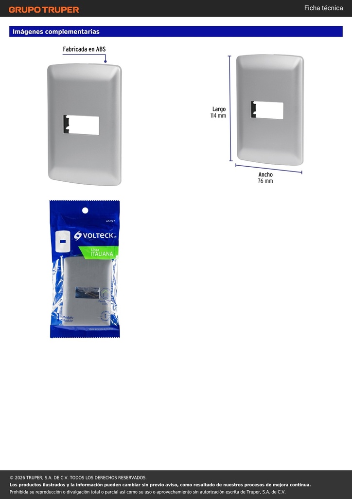 Placa 1 módulo de ABS, línea italiana, color plata, VOLTECK