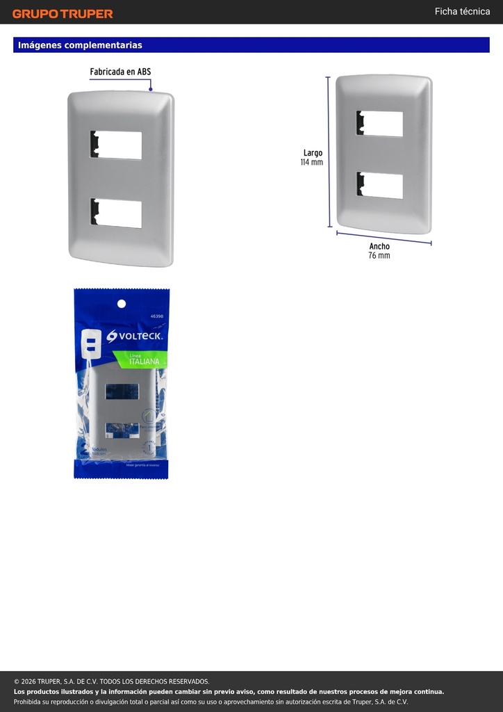 Placa 2 módulos de ABS, línea italiana, color plata, VOLTECK