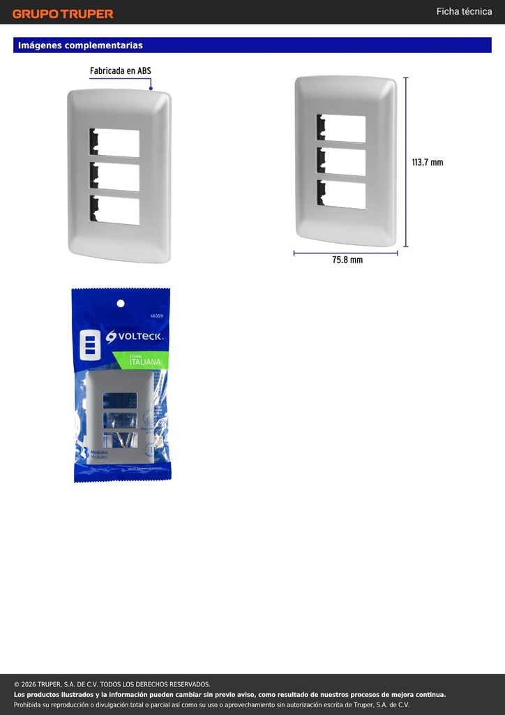 Placa 3 módulos de ABS, línea italiana, color plata, VOLTECK
