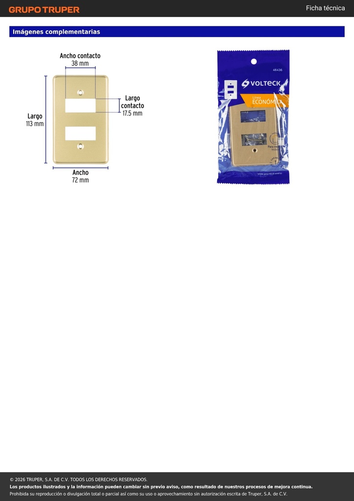 Placa 2 módulos, de aluminio, línea Económica, VOLTECK