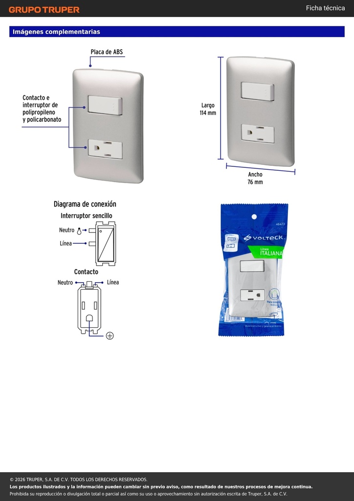 Placa armada contacto e interruptor, plata, línea Italiana