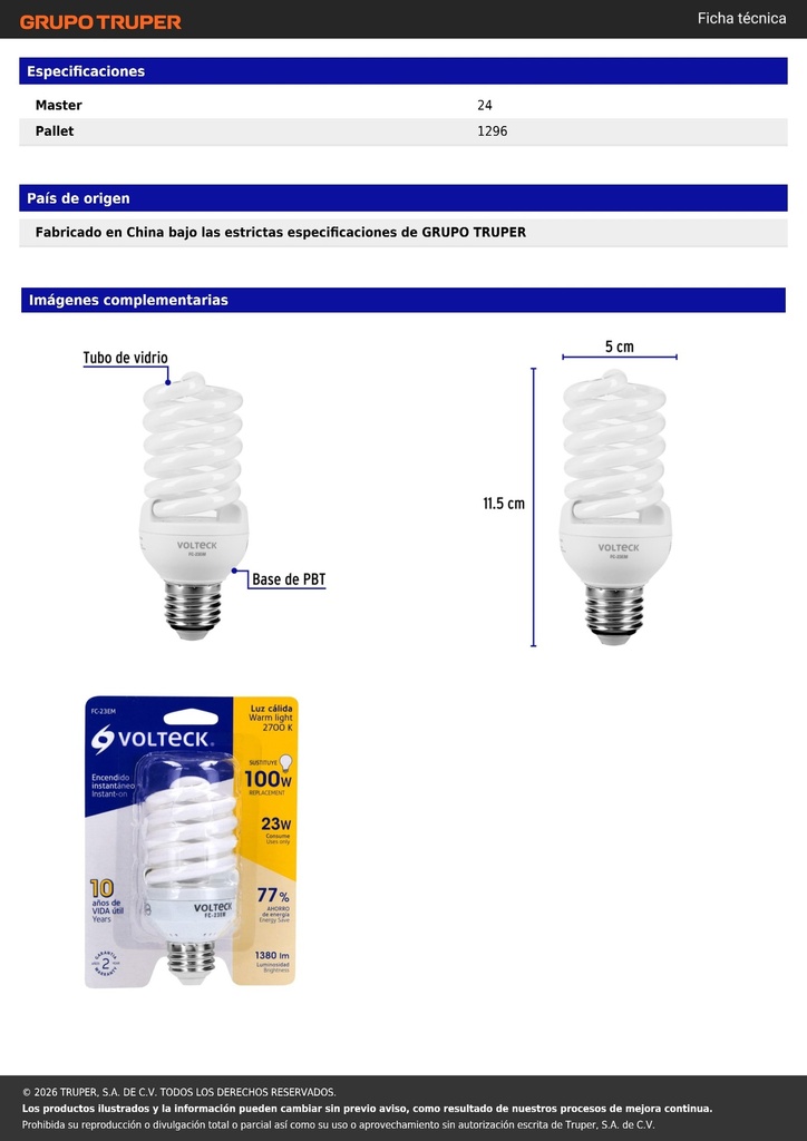 Lámpara espiral mini T2 23 W luz cálida en blíster, VOLTECK
