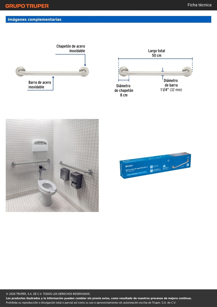 Barra recta de seguridad, acero inoxidable, 50cm, FOSET