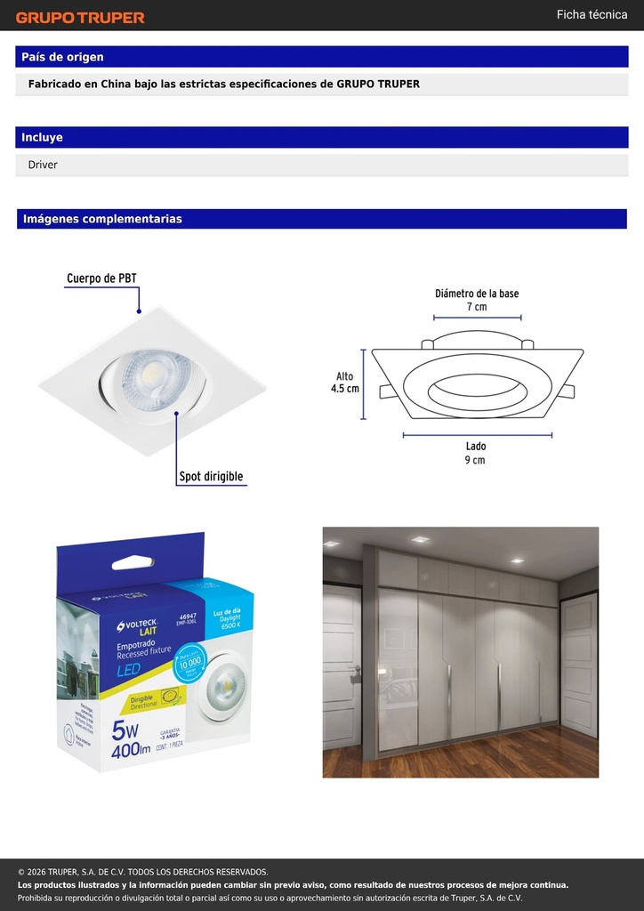 Luminario LED empotrable 5W 6500K, cuadrado, blanco, VOLTECK