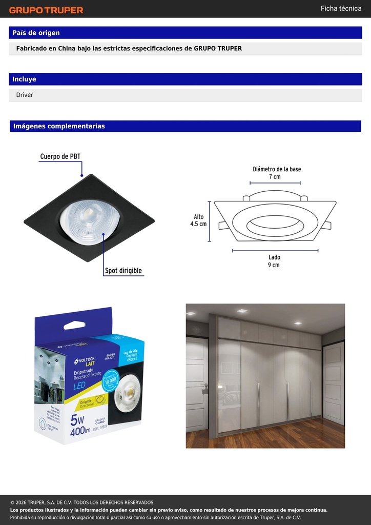 Luminario LED empotrable 5W 6500K, cuadrado, negro, VOLTECK