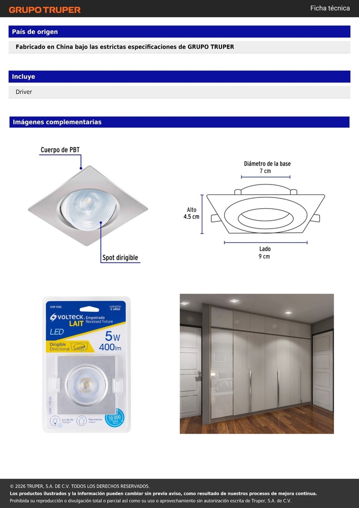Luminario LED empotrable 5W 6500K, cuadrado, cromo, VOLTECK