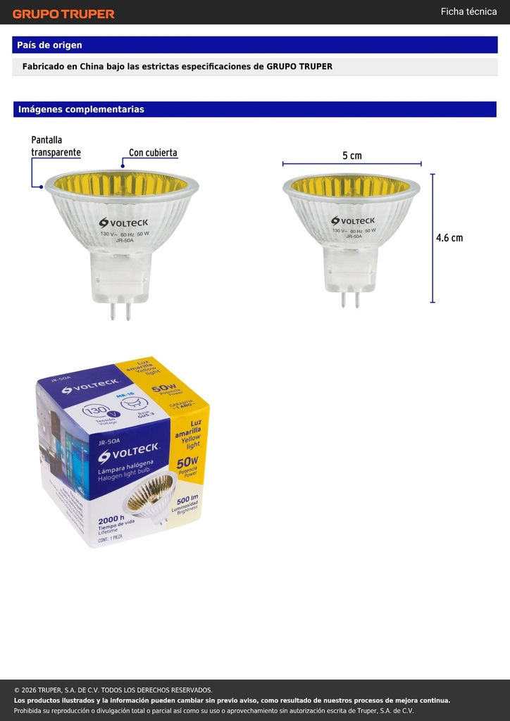Lámpara de halógeno amarillo 50 W tipo MR16 en caja, VOLTECK