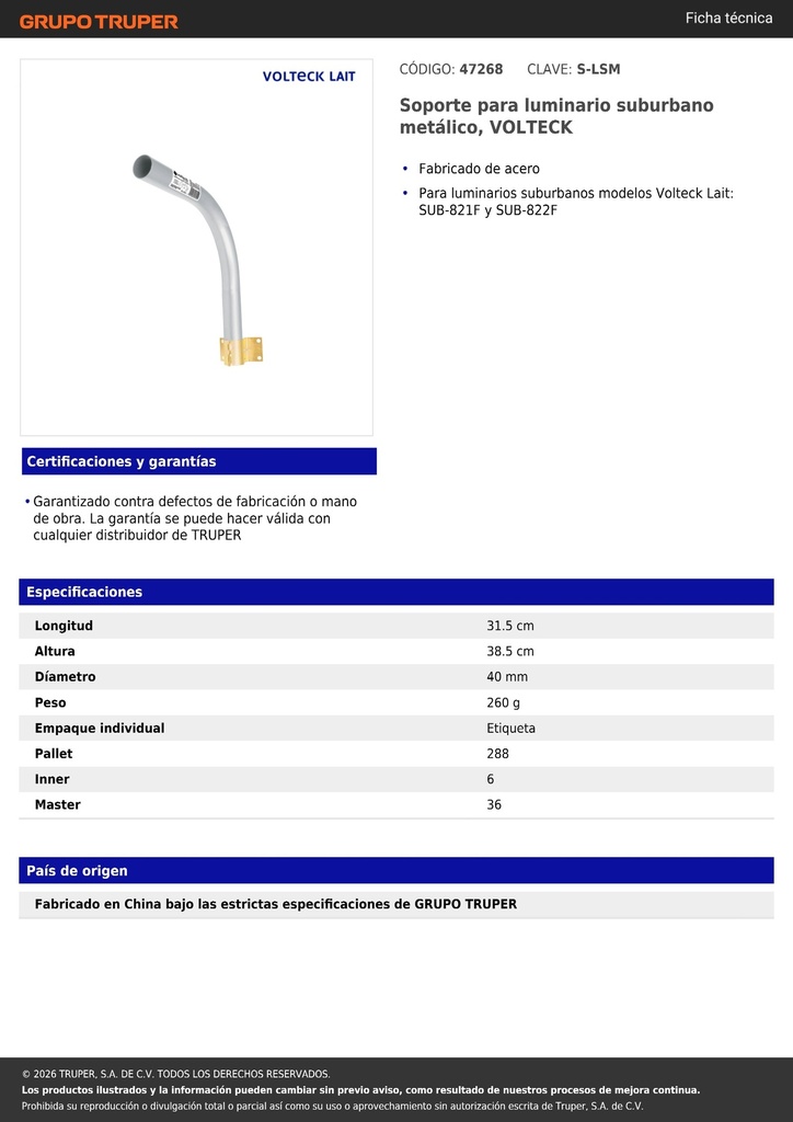 Soporte para luminario suburbano metálico, VOLTECK
