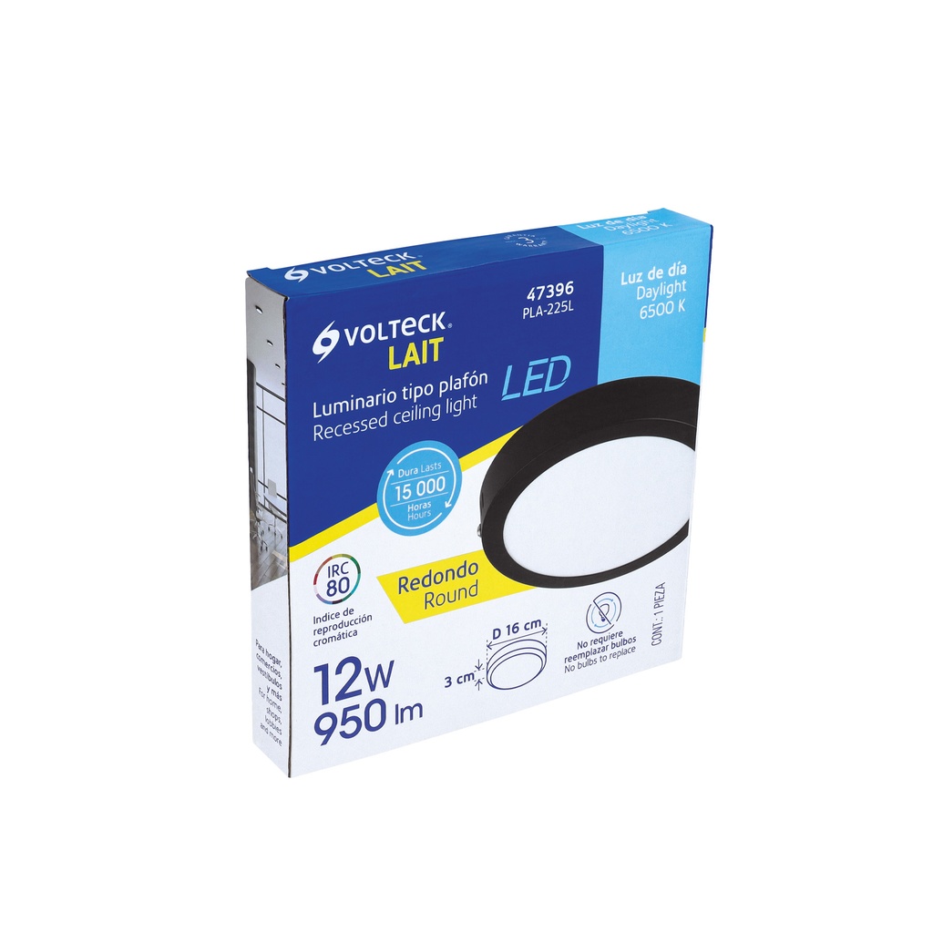 Luminario LED plafón 12W 6500K, redondo, negro, VOLTECK
