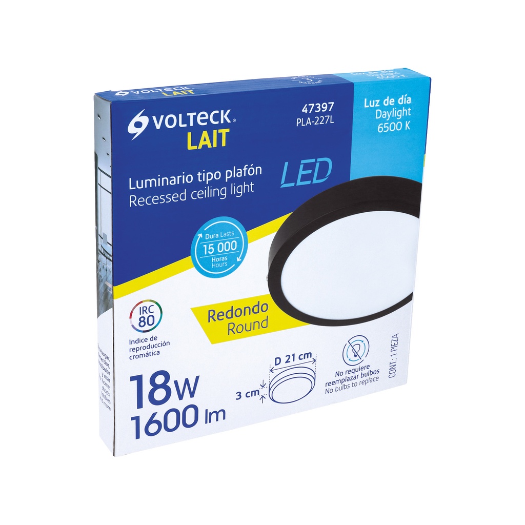 Luminario LED plafón 18W 6500K, redondo, negro, VOLTECK