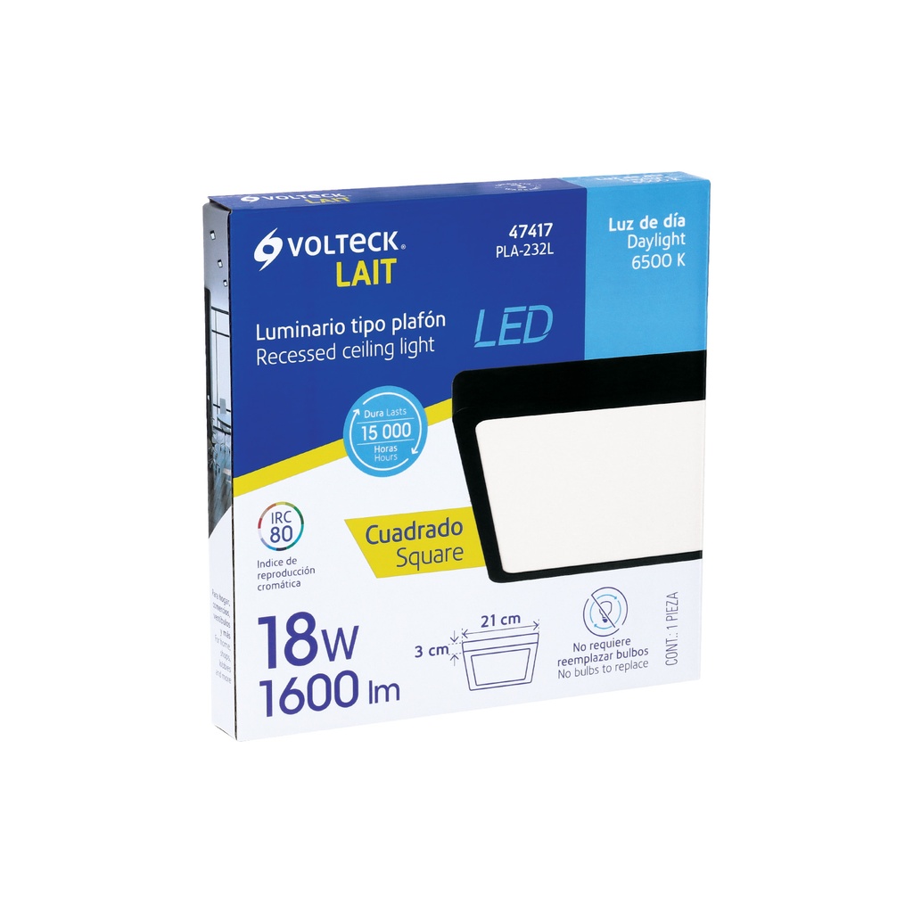 Luminario LED plafón 18W 6500K, cuadrado, negro, VOLTECK