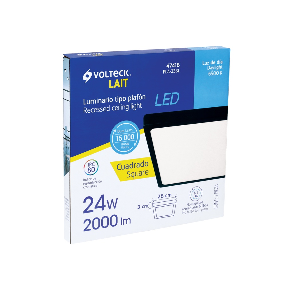 Luminario LED plafón 24W 6500K, cuadrado, negro, VOLTECK