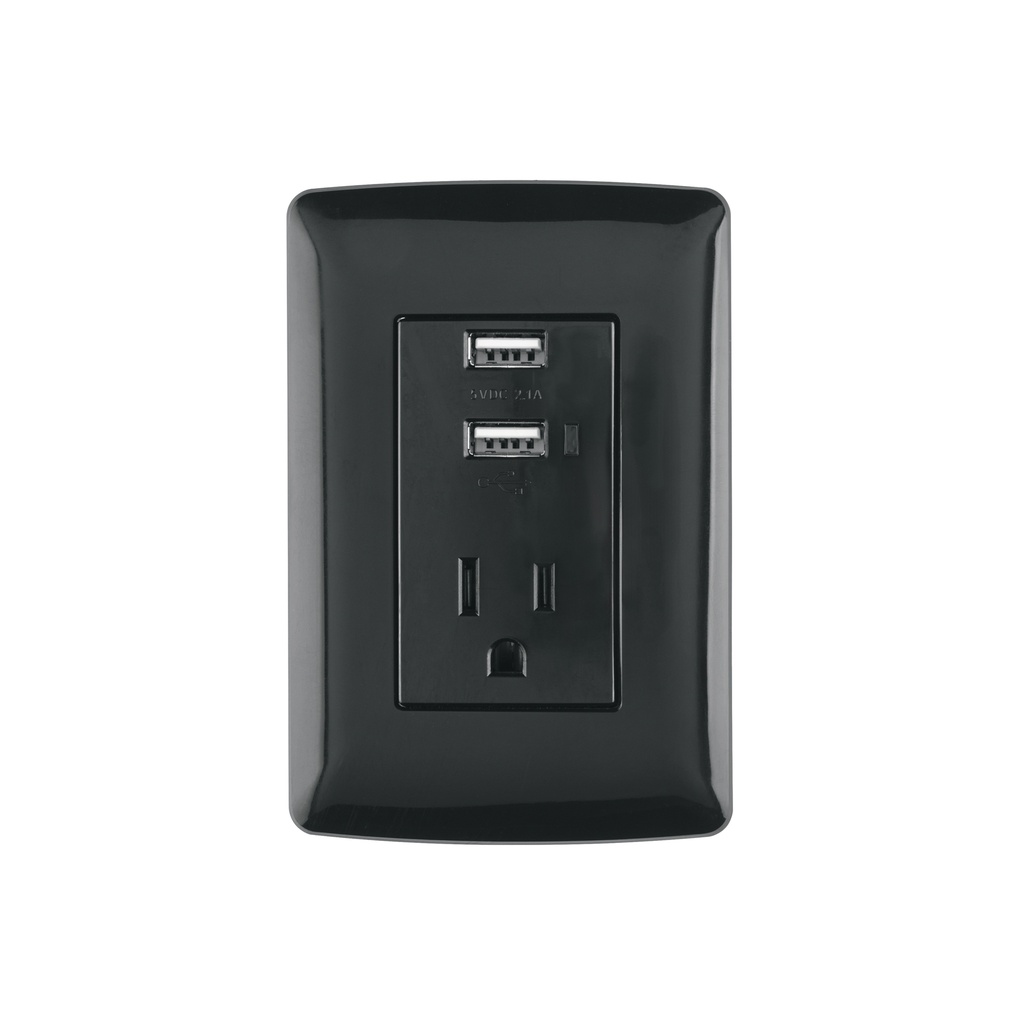 Contacto aterrizado + 2 puertos USB, negro, línea Italiana