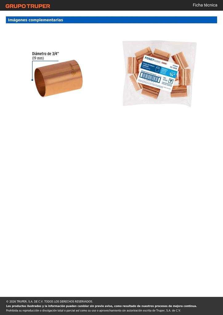 Cople de cobre 3/4', sin ranura, FOSET BASIC