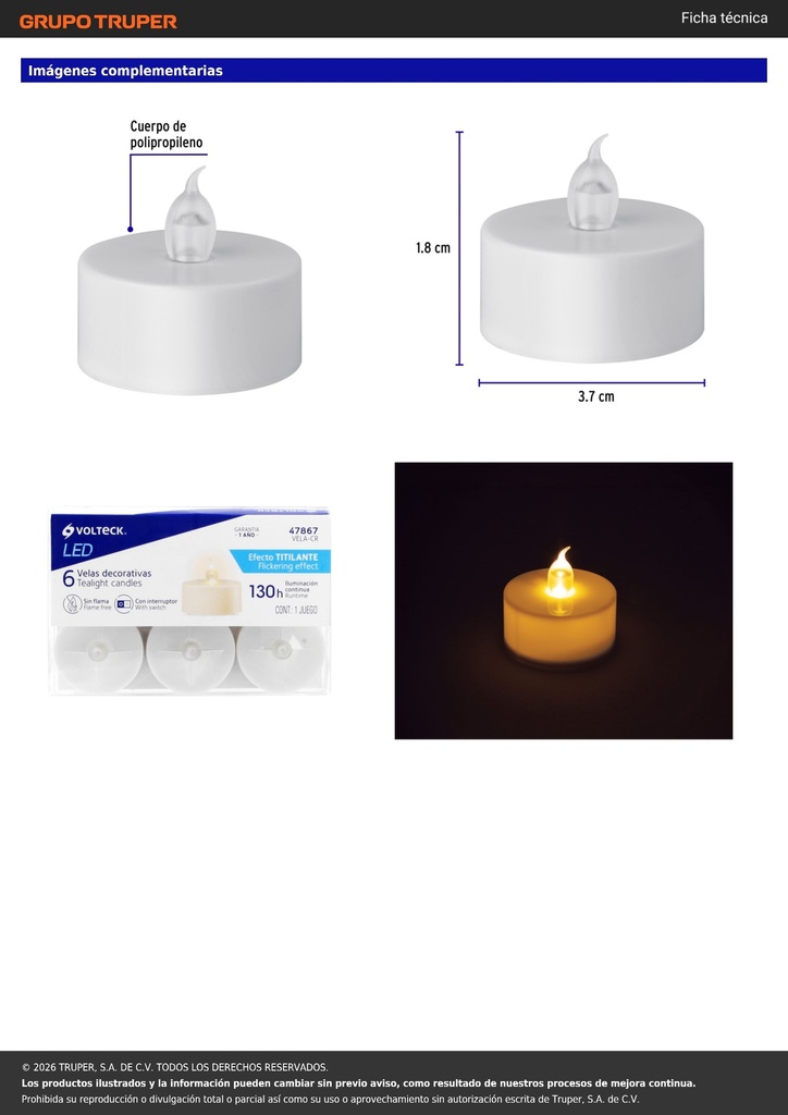Caja con 6 mini velas de LED, VOLTECK