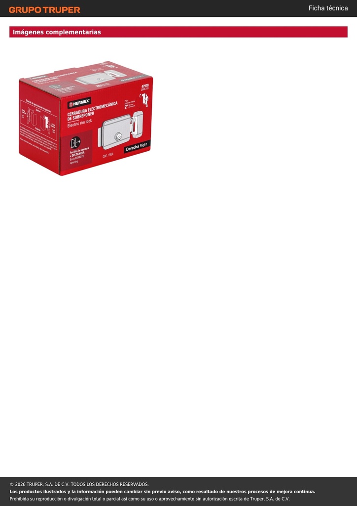 Cerradura electromecánica sin botón, derecha, HERMEX