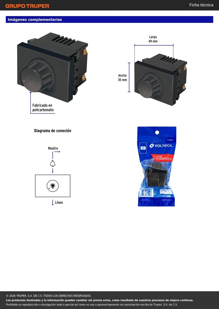 Dimmer giratorio, 1.5 módulos, línea Española, color negro