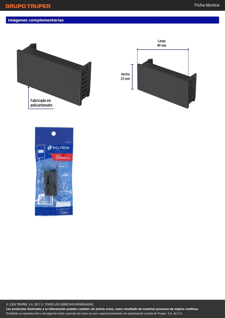 Tapón ciego, 1 módulo, línea Española, color negro, VOLTECK