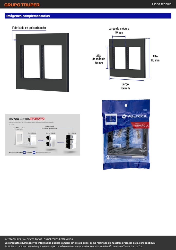 Placa 2 ventanas, 6 módulos, línea Española, color negro