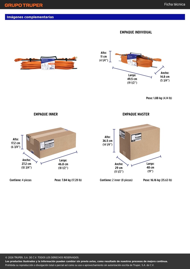 Extensión eléctrica de uso rudo 20 m 2x16 AWG, VOLTECK