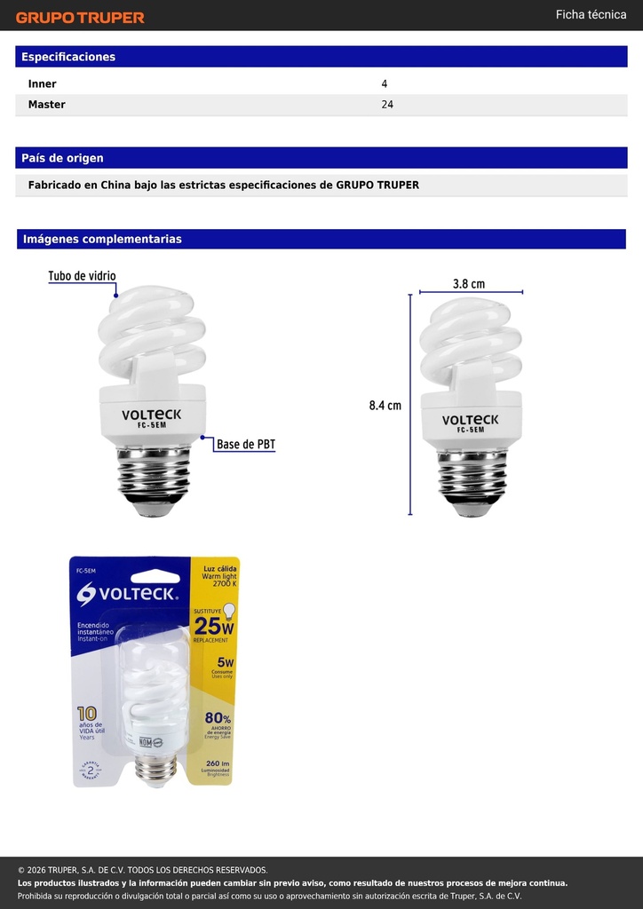 Lámpara espiral mini T2 5 W luz cálida en blíster, VOLTECK