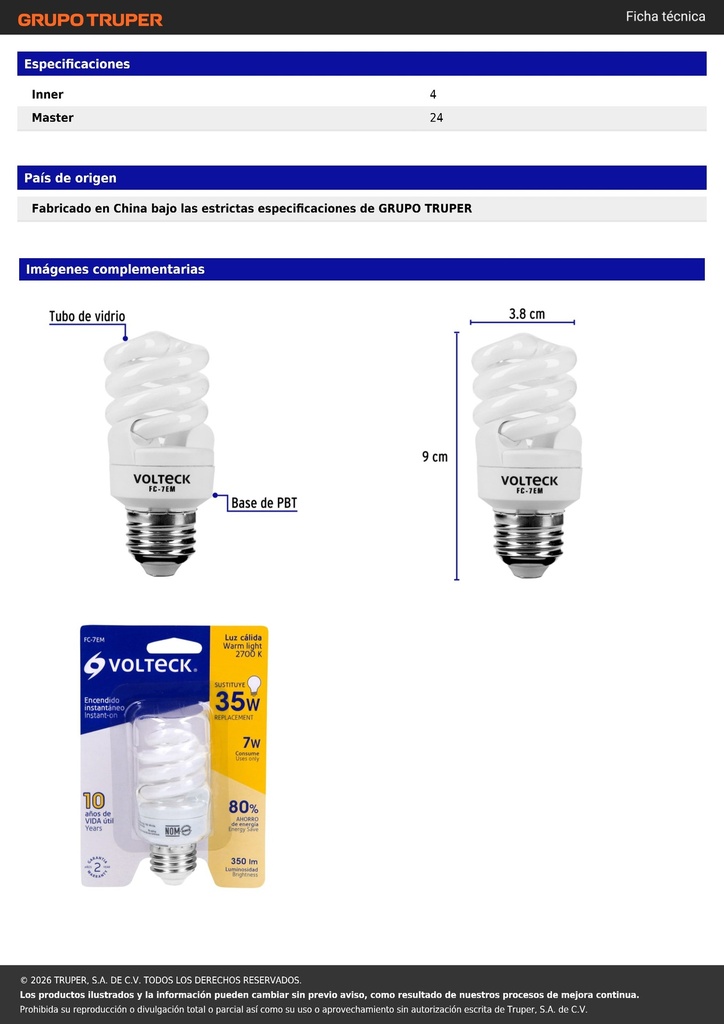 Lámpara espiral mini T2 7 W luz cálida en blíster, VOLTECK