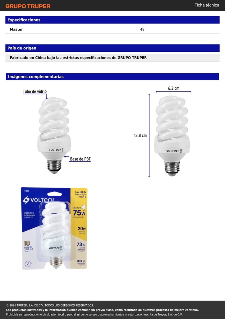 Lámpara espiral T4 20 W luz cálida en blíster, VOLTECK