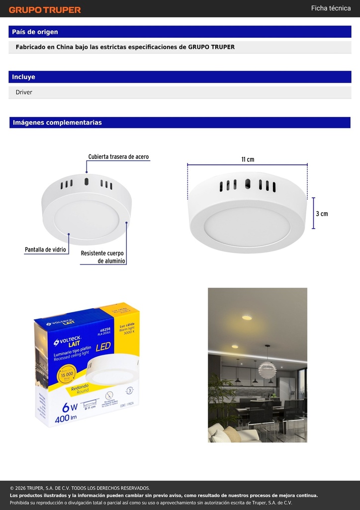 Luminario LED plafón 6W 3000K, redondo, blanco, VOLTECK
