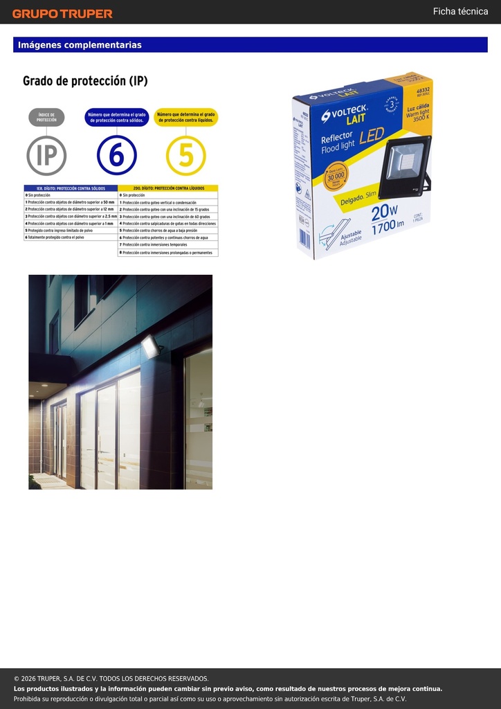 Reflector LED para exteriores 20W 3000K, VOLTECK