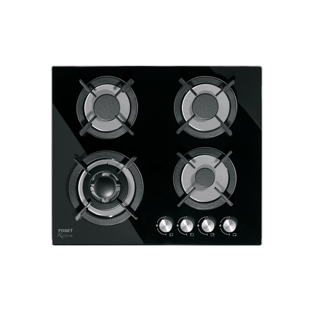 Parrilla gas empotrable 60cm, 4 quem, vidrio negro, RIVIERA